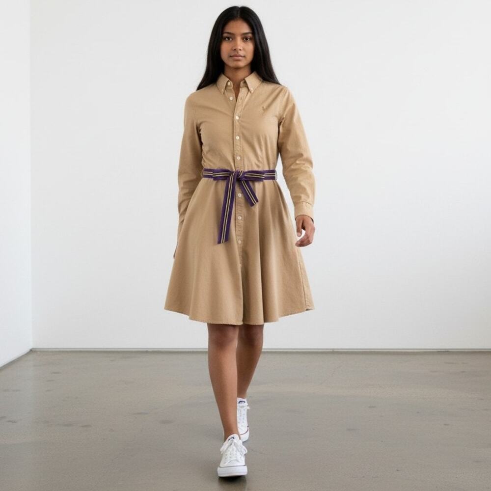 Polo Ralph Lauren Girl's Khaki Belted L/S Fit & Flare Chino Shirt Dress Size 14